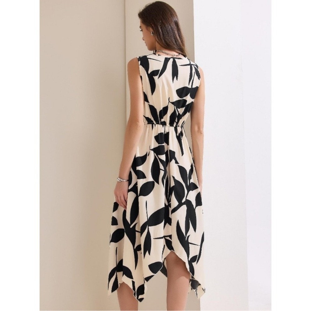 Allegra K Sleeveless V Neck Leaf Print‎ Asymmetrical Hem Midi Dress Medium NWT - Picture 3 of 11